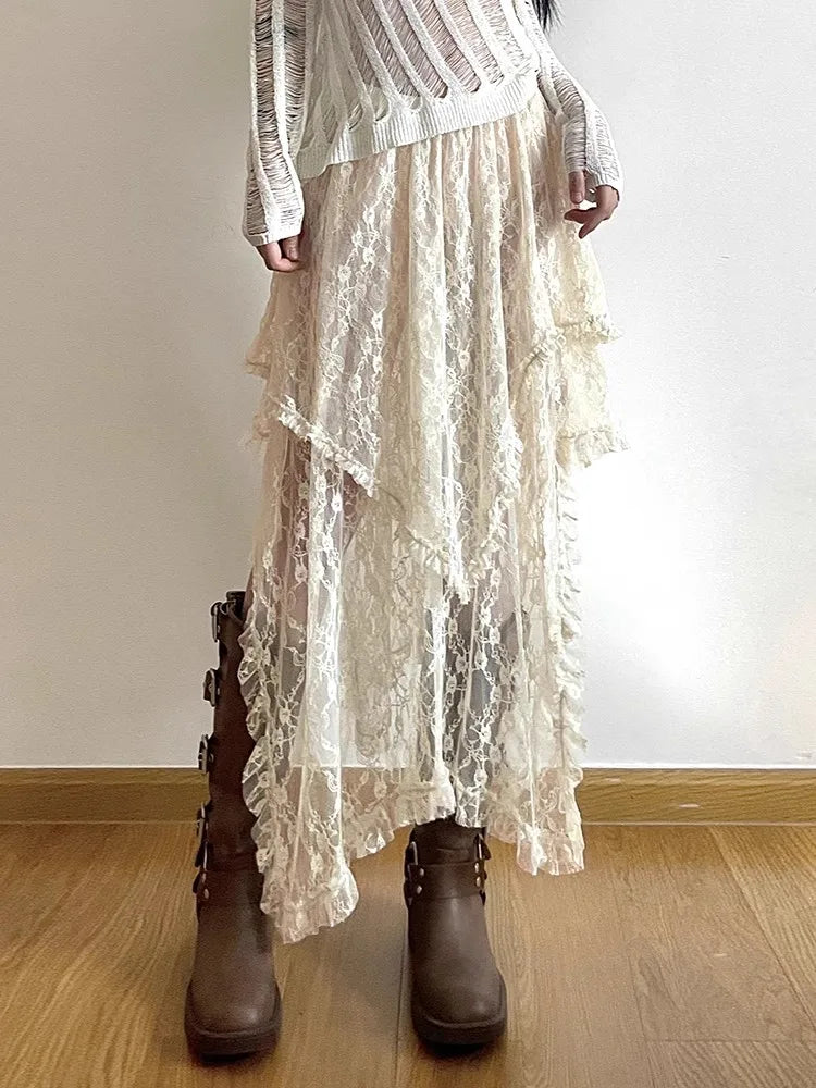 2024 neue Sommer Spitze Asymmetrische Rock Fairycore Frauen Vintage Y2K Boho Mode Hohe Taille Mid Röcke Dame Urlaub Outfits 