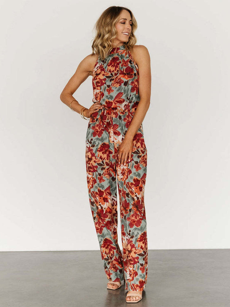 Red Floral Print Jewel Neck Sleeveless Pleated Polyester Straight Summer One Piece Outfit