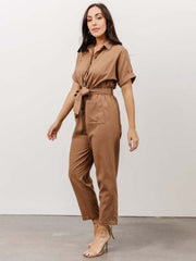 Camel Turndown Collar Short Sleeves Lace Up Polyester Straight Summer One Piece Outfit