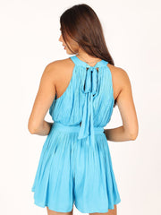 Light Sky Blue Jewel Neck Sleeveless Pleated Irregular Strapless Chiffon Wide Summer One Piece Outfit