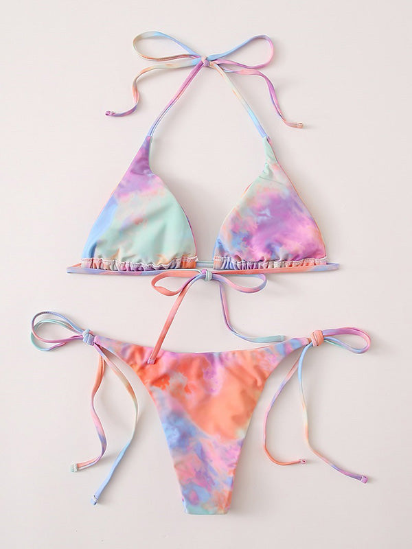 Gradient Printed Triangles Bandage Split Bikini Swimsuit