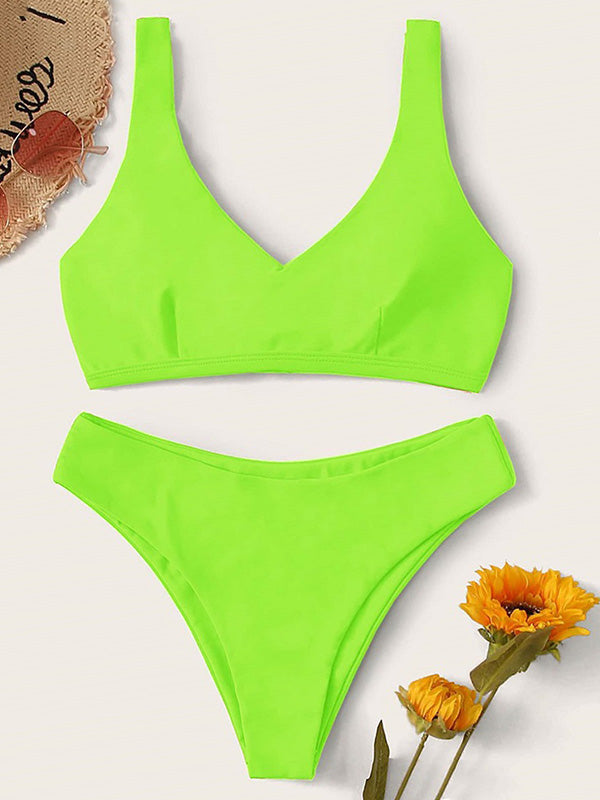 Fluorescent Solid Color Backless Bandage Split Bikini Swimsuit