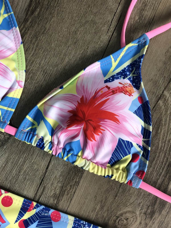 Sexy Floral Printed Triangles Bandage Bikini Swimsuit