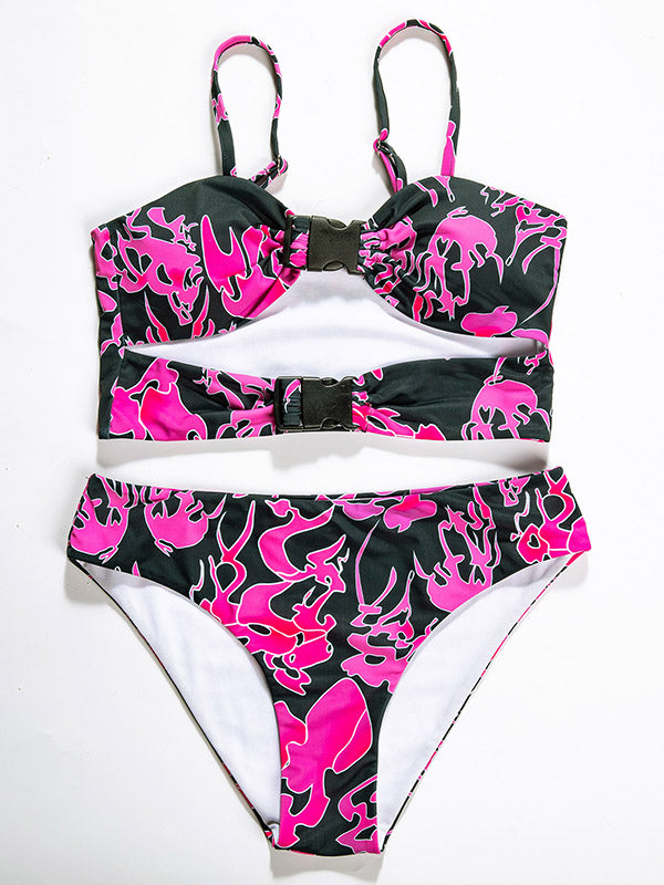 Floral-Print Buckle Embellished Hollow Split Bikini Swimsuit