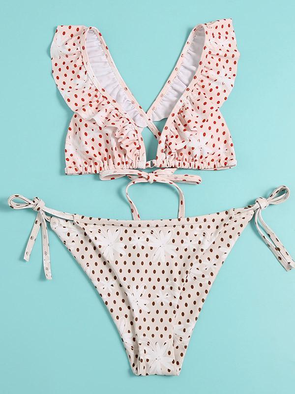 Polka-Dot Printed Flared Sleeves Triangles Backless Split Bikini Swimsuit