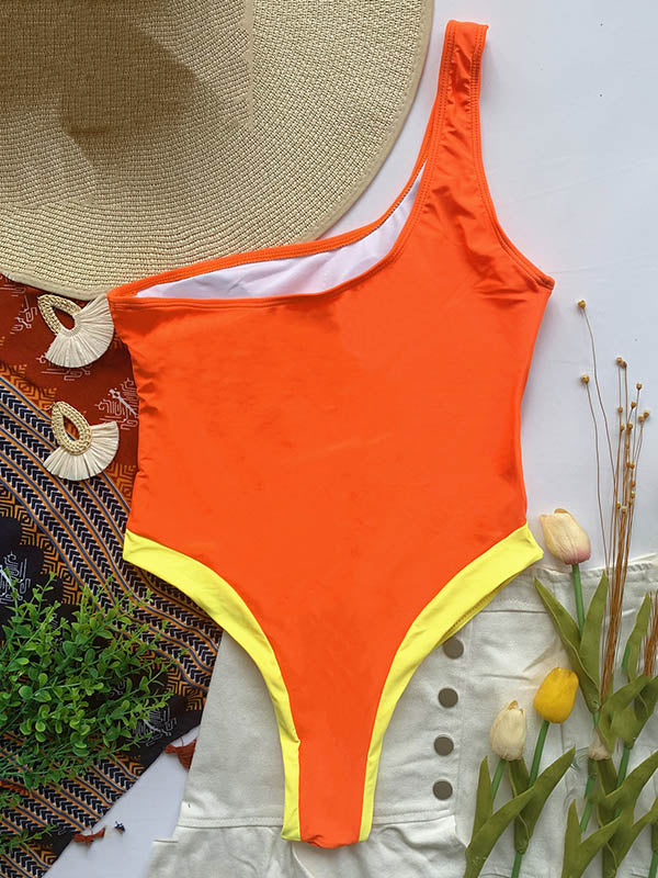 Contrast Color Split-Joint Asymmetric One-Shoulder One-Piece Swimwear