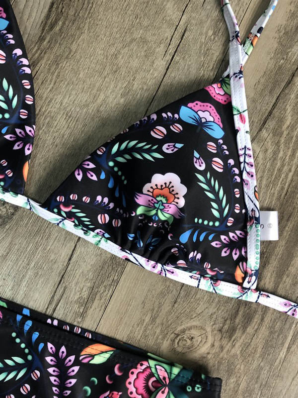 Floral Printed Triangles Bandage Split Bikini Swimsuit