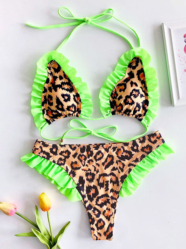 Leopard Falbala Triangles Hipster Halterneck Bikini Swimwear