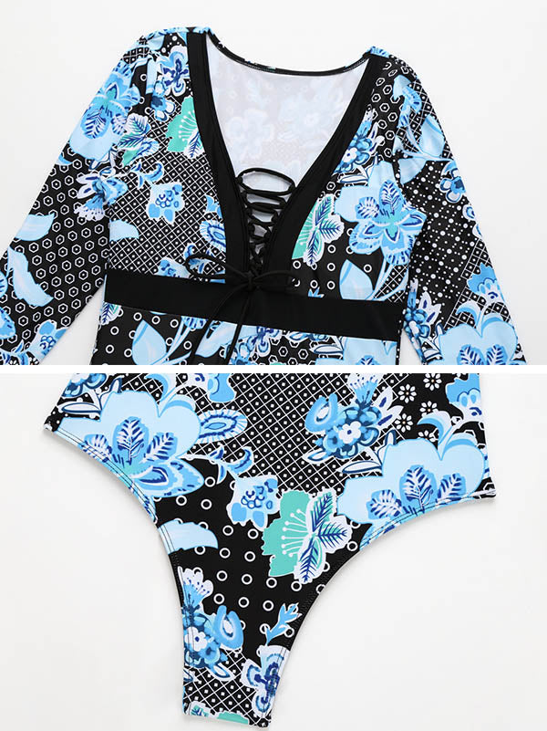 Floral-Print Split-Joint Long Sleeve One-Piece Wetsuit