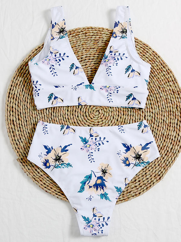 Floral-Print Deep V-Neck Split Bikini Swimsuit