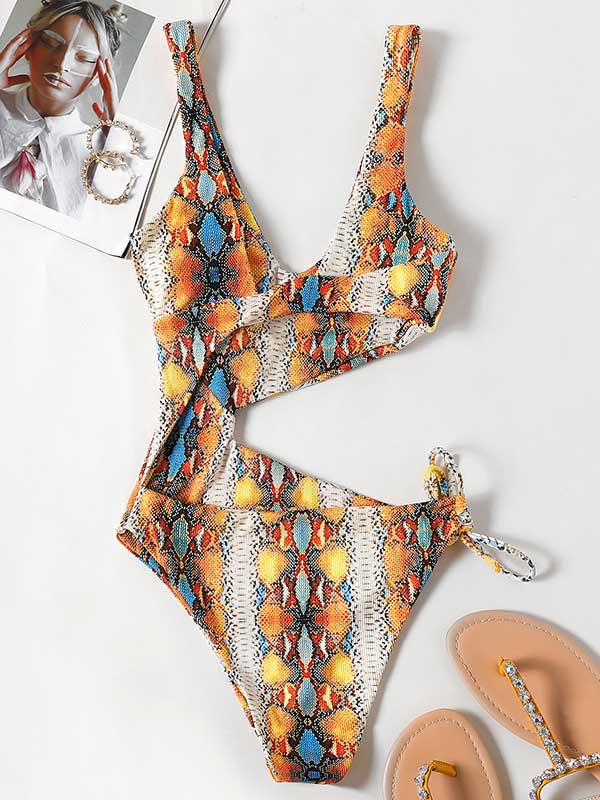 Sleeveless Printing Hollow Bandage Monokini Swimwear