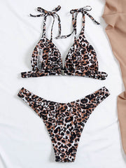 Leopard Print Bandage Triangles Split Bikini Swimsuit