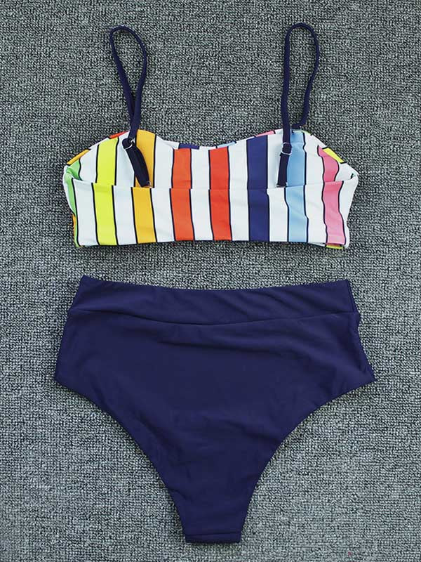 Striped Floral-Print Color-Block Split Bikini Swimsuit