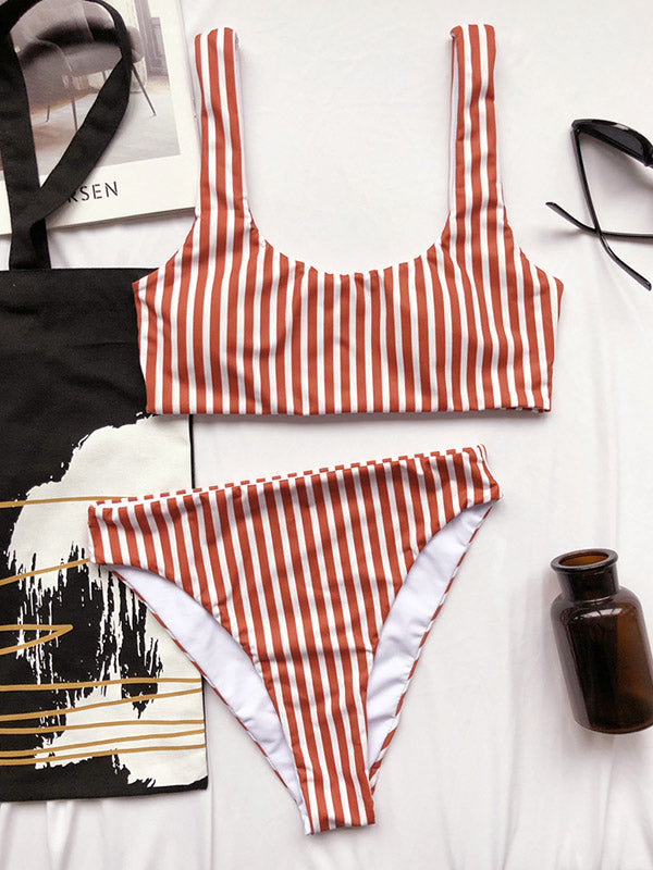 Striped Printed Square-Neck Split Bikini Swimsuit