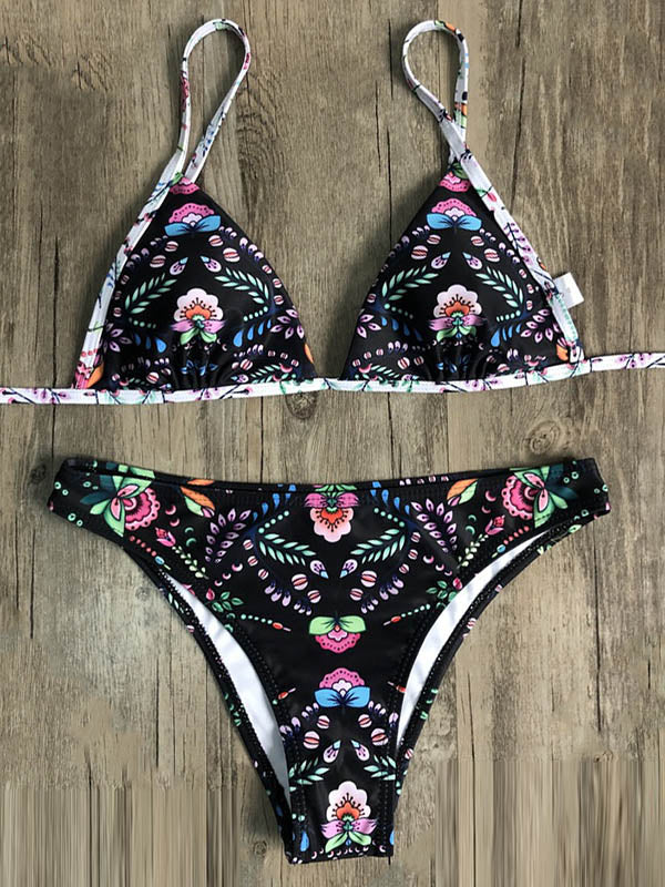 Floral Printed Triangles Bandage Split Bikini Swimsuit