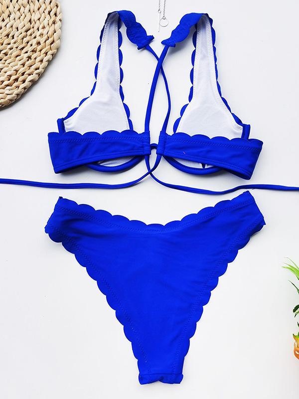 Solid Color Fringed Underwired Split Bikini Swimsuit