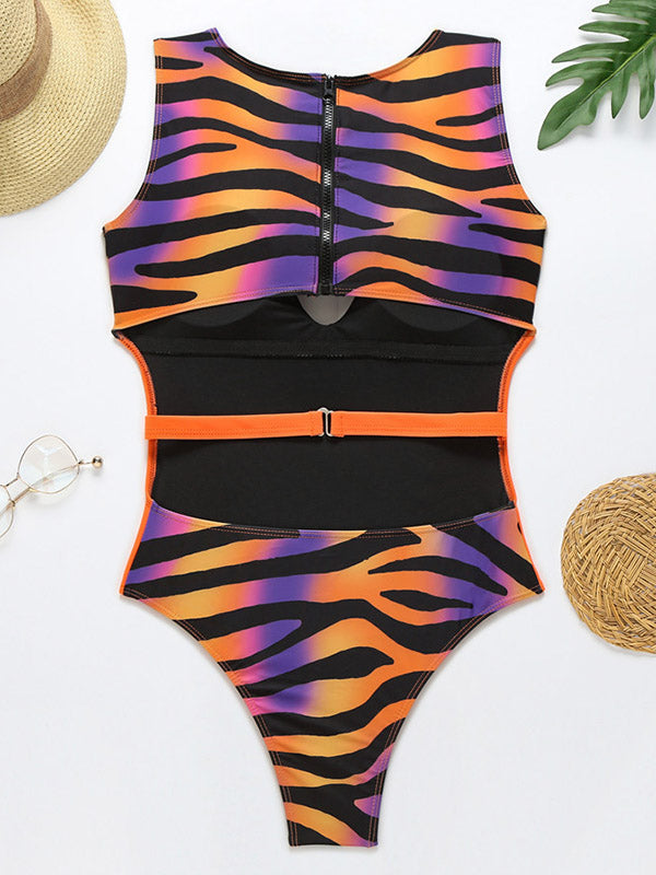 Sleeveless Hollow Contrast Color One-Piece Swimwear