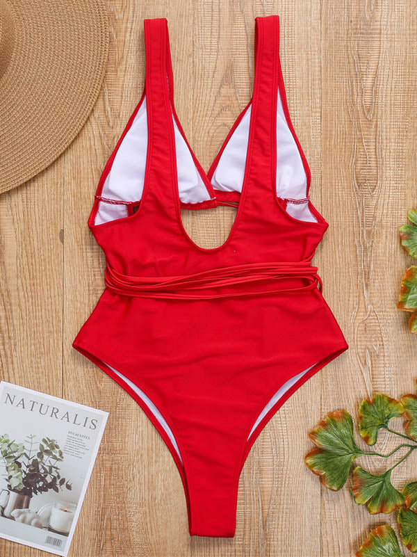 Solid Color Bandage Hollow One-Piece Swimwear