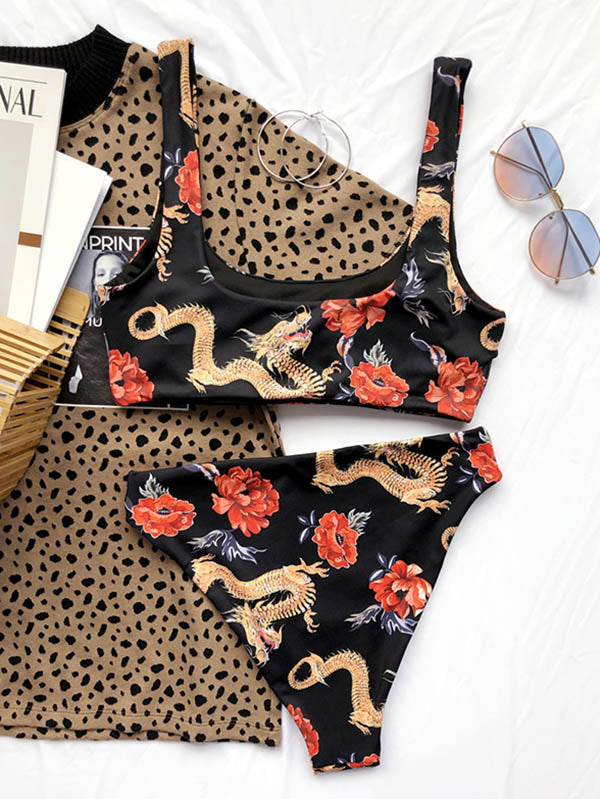 Chinese Style Printed U-Neck Split Bikini Swimsuit