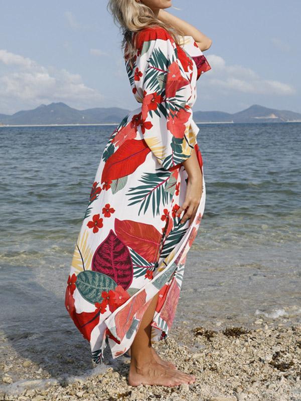 Floral-Print Belted Long Sleeve Tunicshang Cover-Ups