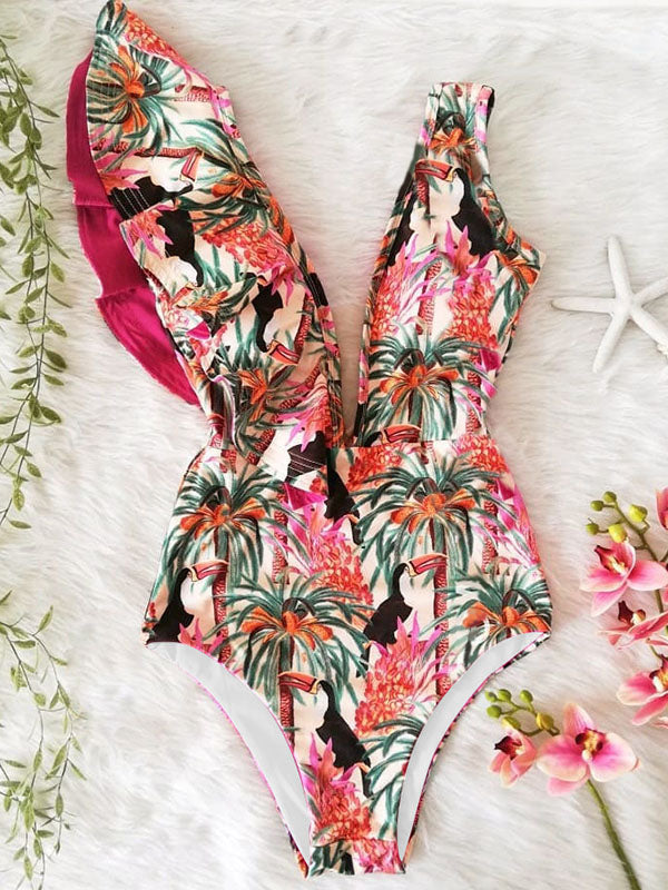 Floral  Falbala V-Neck One-Piece Swimsuit