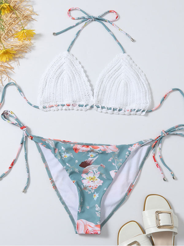 Neckholder-Bikini mit Crochetgo-Dreiecken und Blumenmuster, seitliche Schnürung 