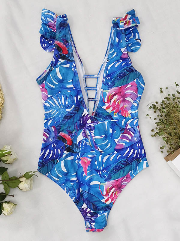 Ruffled Floral Print V-Back One-Piece Swimwear