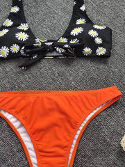 Floral-Print Knotted Color-Block Split Bikini Swimsuit