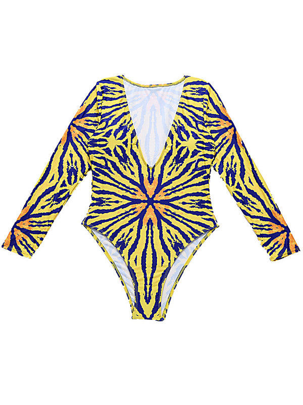 Long Sleeve Deep V-Neck Floral One-Piece Swimwear