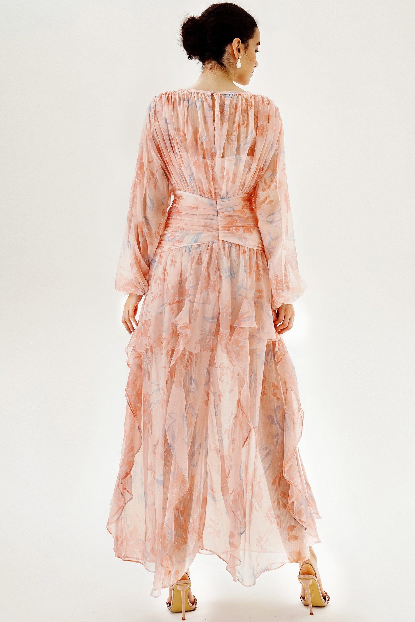 Puff Long Sleeve Tiered Ruffle Hem Maxi Dress Pink