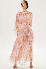 Puff Long Sleeve Tiered Ruffle Hem Maxi Dress Pink