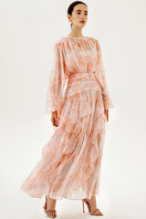 Puff Long Sleeve Tiered Ruffle Hem Maxi Dress Pink