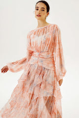 Puff Long Sleeve Tiered Ruffle Hem Maxi Dress Pink