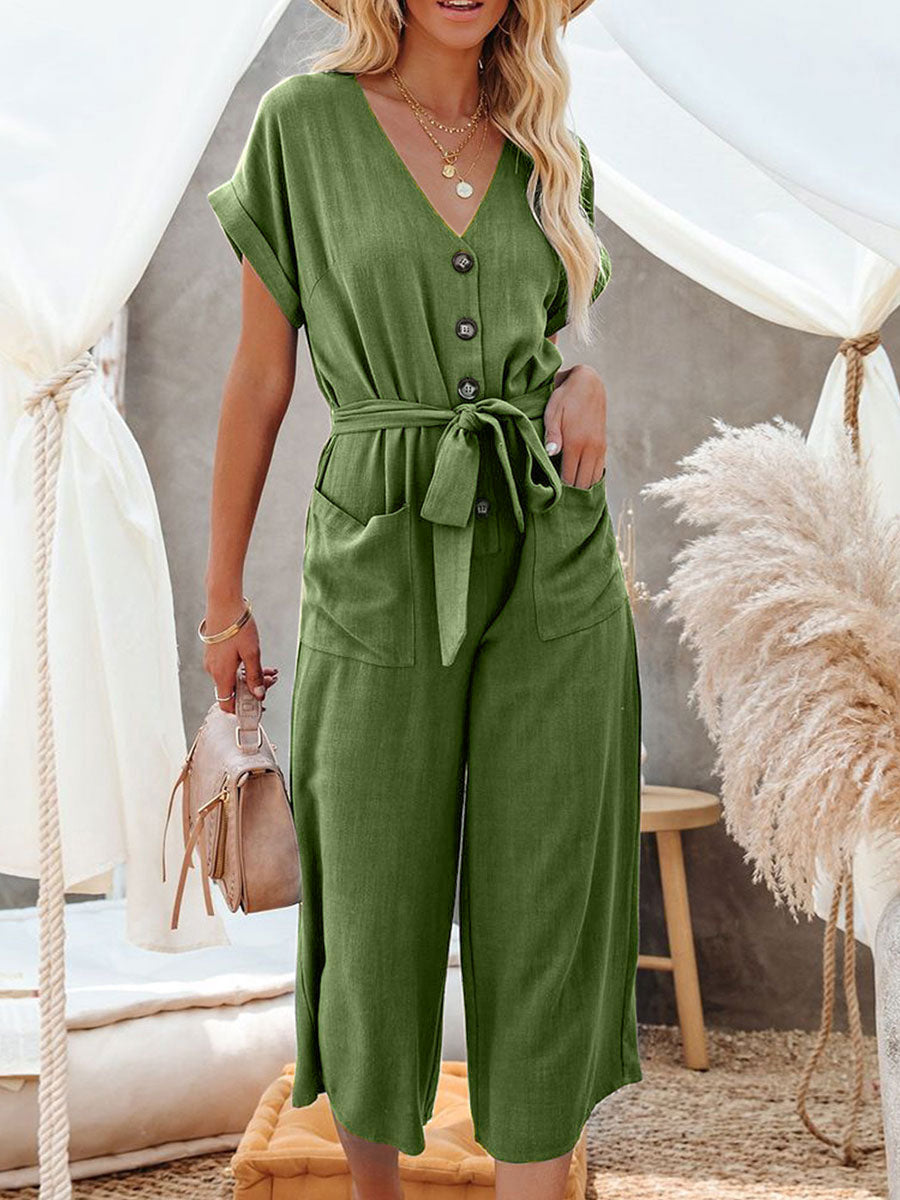 Schwarzer Jumpsuit mit Knöpfen und Knoten, weit, für den Sommer, einteiliges Outfit 