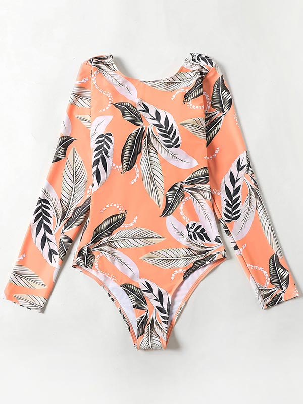 Long Sleeve Floral Print Backless Wetsuit Swimwear