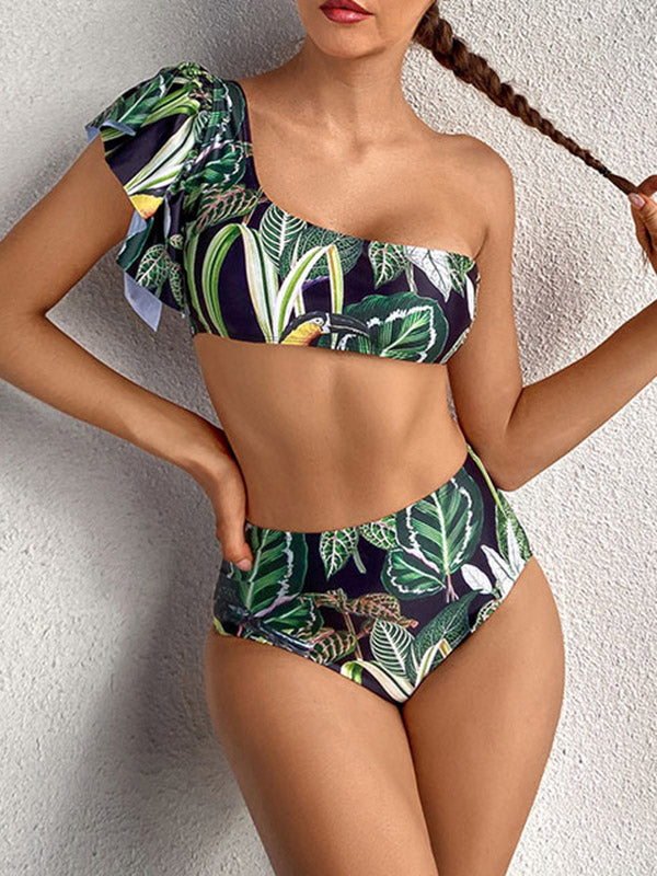 One-Shoulder Falbala Bandeau High-Waisted Bikini Swimwear