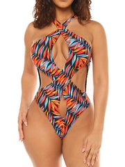 Floral-Print Bandage Hollow One-Piece Swimwear