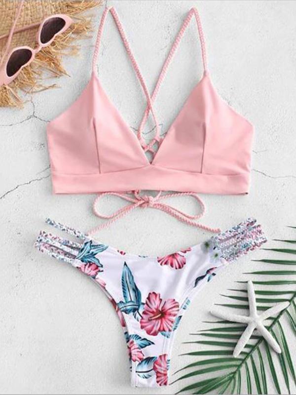 Floral-Print Color-Block Bandage Split Bikini Swimsuit