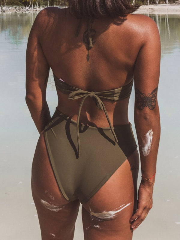 Sexy Solid Color Bandage Hollow Split Bikini Swimsuit