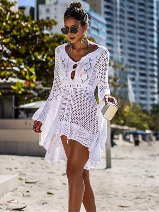 Flared Sleeves Crochet Swimwear Cover-Ups