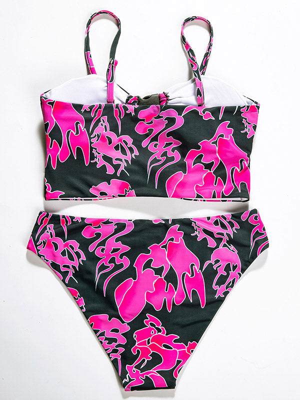 Floral-Print Buckle Embellished Hollow Split Bikini Swimsuit