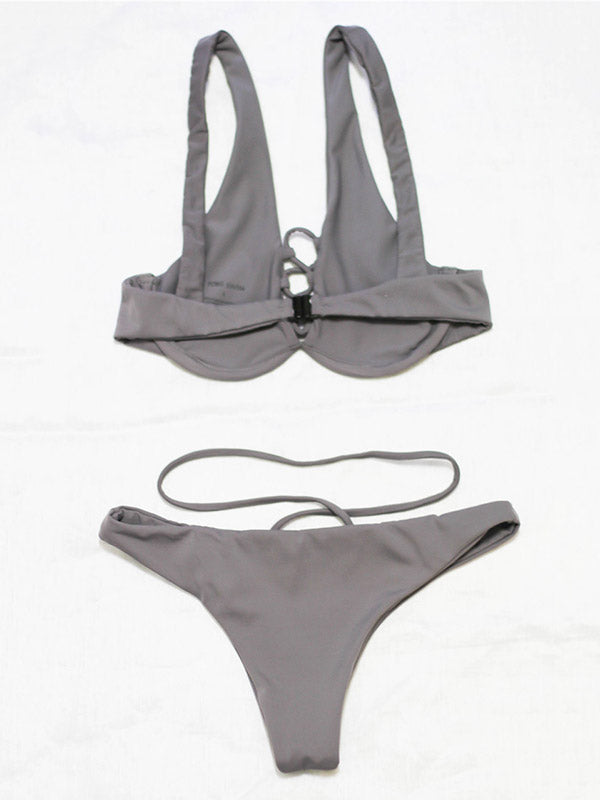 Solid Color Bandage Hollow Underwired Split Bikini Swimsuit