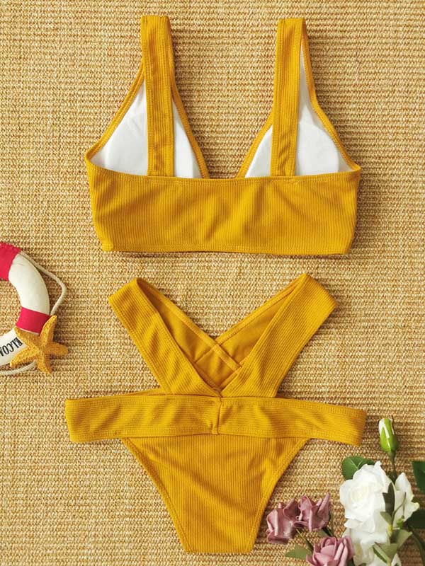 Solid Color V-Neck Crossed Bikini Swimsuit