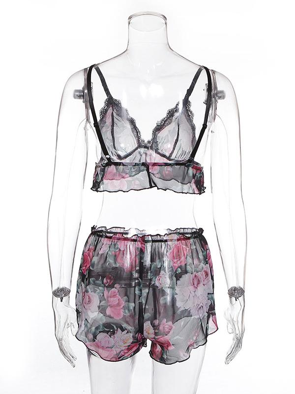 Chiffon Floral-Print  Pajamas Bodysuit Lingerie