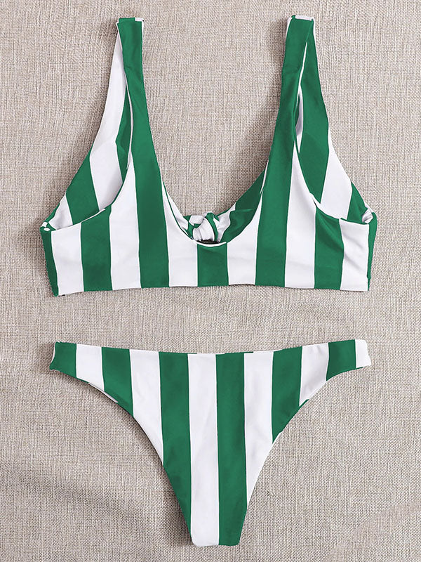 Striped Printed Knotted V-Neck Split Bikini Swimsuit