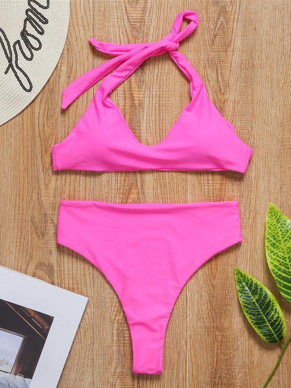 Popular Solid Color Sexy Halterneck Split Bikini Swimsuit