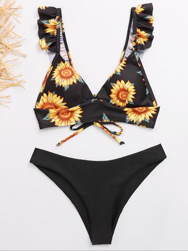 Floral-Print Color-Block Flared Sleeves Bandage Split Bikini Swimsuit