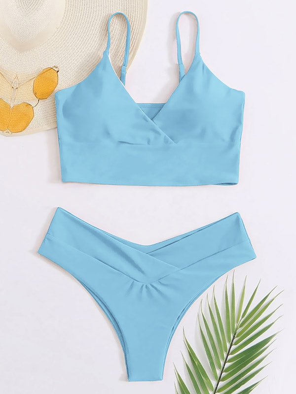 Solid Color Crossed Split-Joint V-Neck Split Bikini Swimsuit