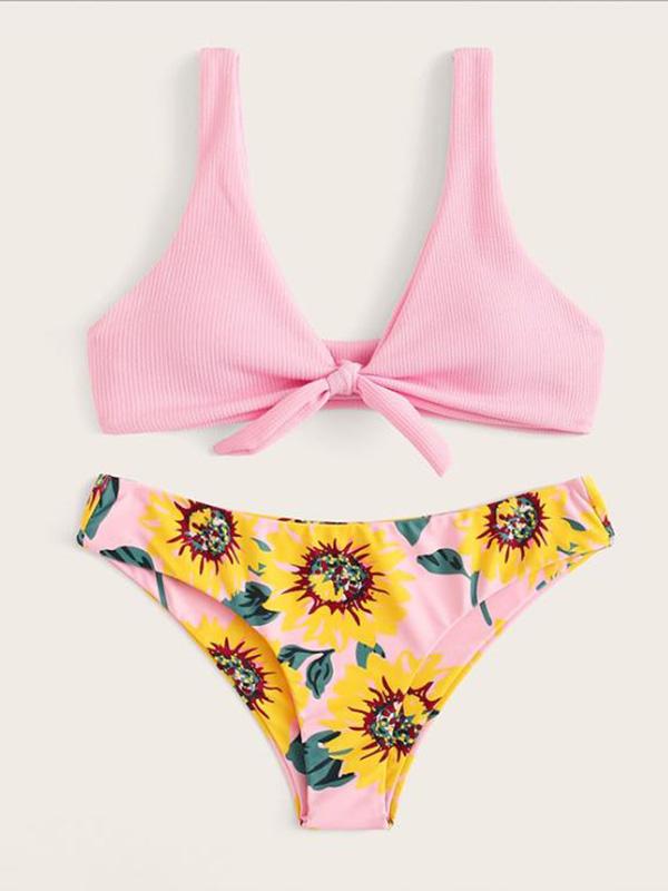 Color-Block Floral-Print Knotted Split Bikini Swimsuit