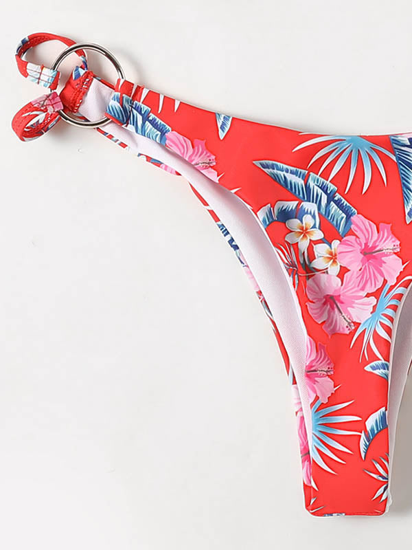 Three-Piece Floral Print Bandage Tie Side Bikini Swimwear